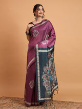 TARANG -Royal Wine Purple Designer Saree with Peacock Feather Print & Elegant Contrast Pallu