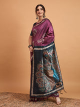 TARANG -Royal Wine Purple Designer Saree with Peacock Feather Print & Elegant Contrast Pallu