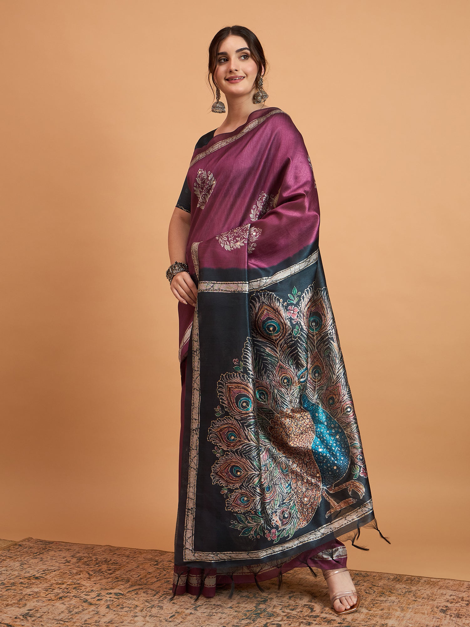 TARANG -Royal Wine Purple Designer Saree with Peacock Feather Print & Elegant Contrast Pallu