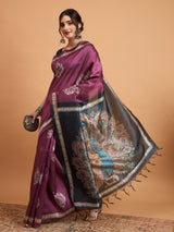 TARANG -Royal Wine Purple Designer Saree with Peacock Feather Print & Elegant Contrast Pallu