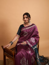 TARANG -Royal Wine Purple Designer Saree with Peacock Feather Print & Elegant Contrast Pallu