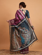TARANG -Royal Wine Purple Designer Saree with Peacock Feather Print & Elegant Contrast Pallu