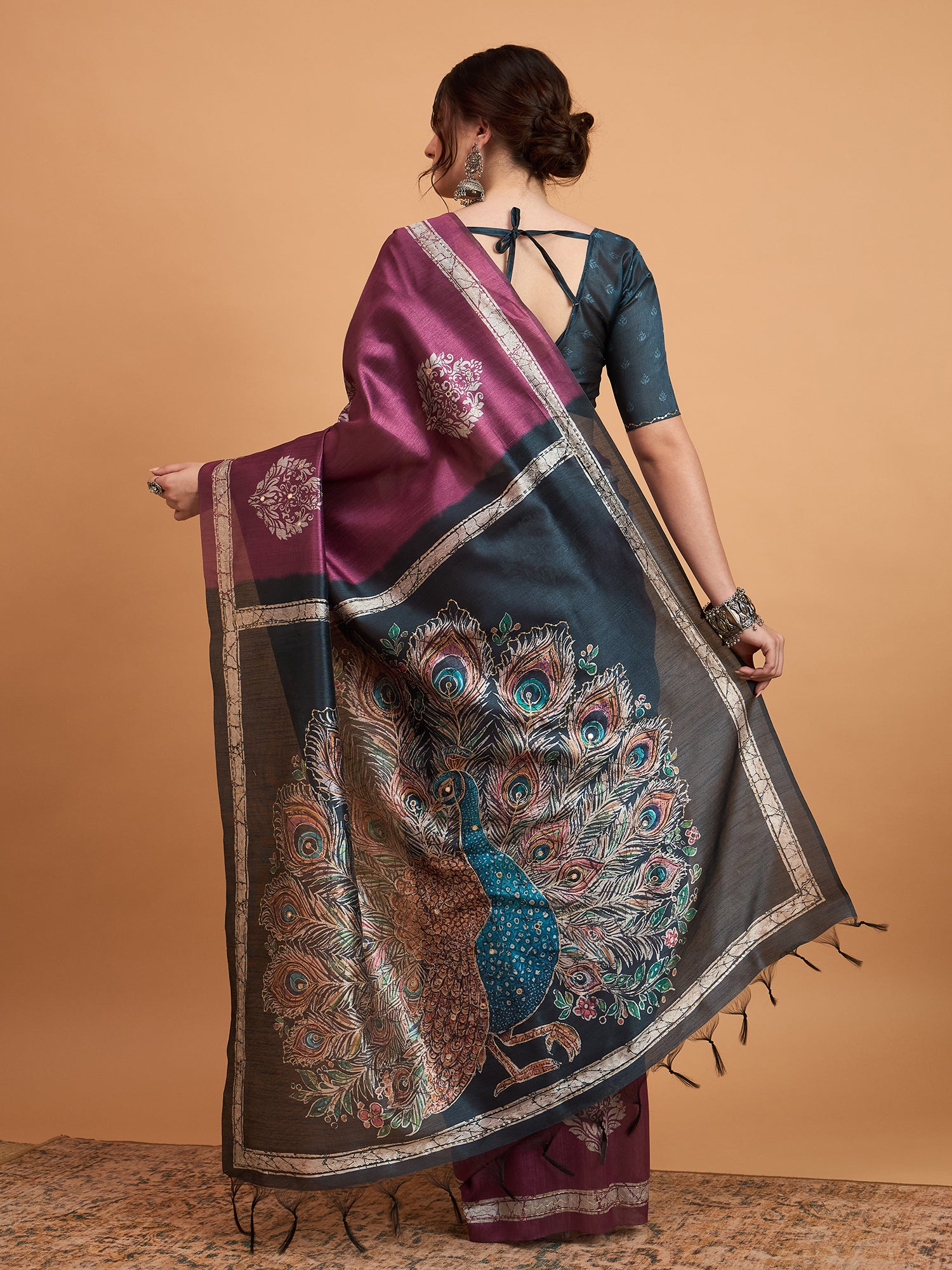 TARANG -Royal Wine Purple Designer Saree with Peacock Feather Print & Elegant Contrast Pallu