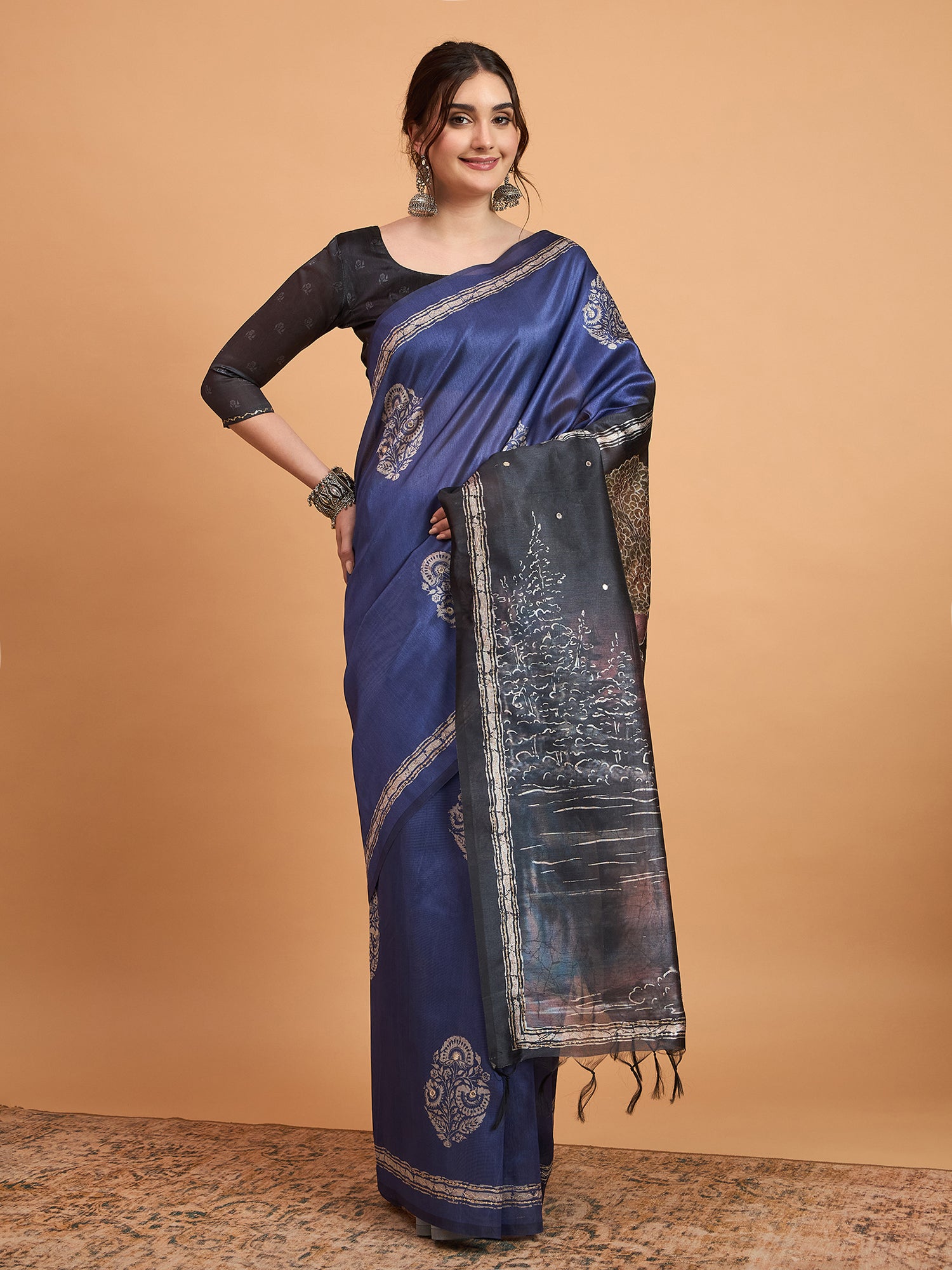 TARANG-Royal Blue Designer Saree with Silver Floral Motifs & Scenic Artistic Pallu