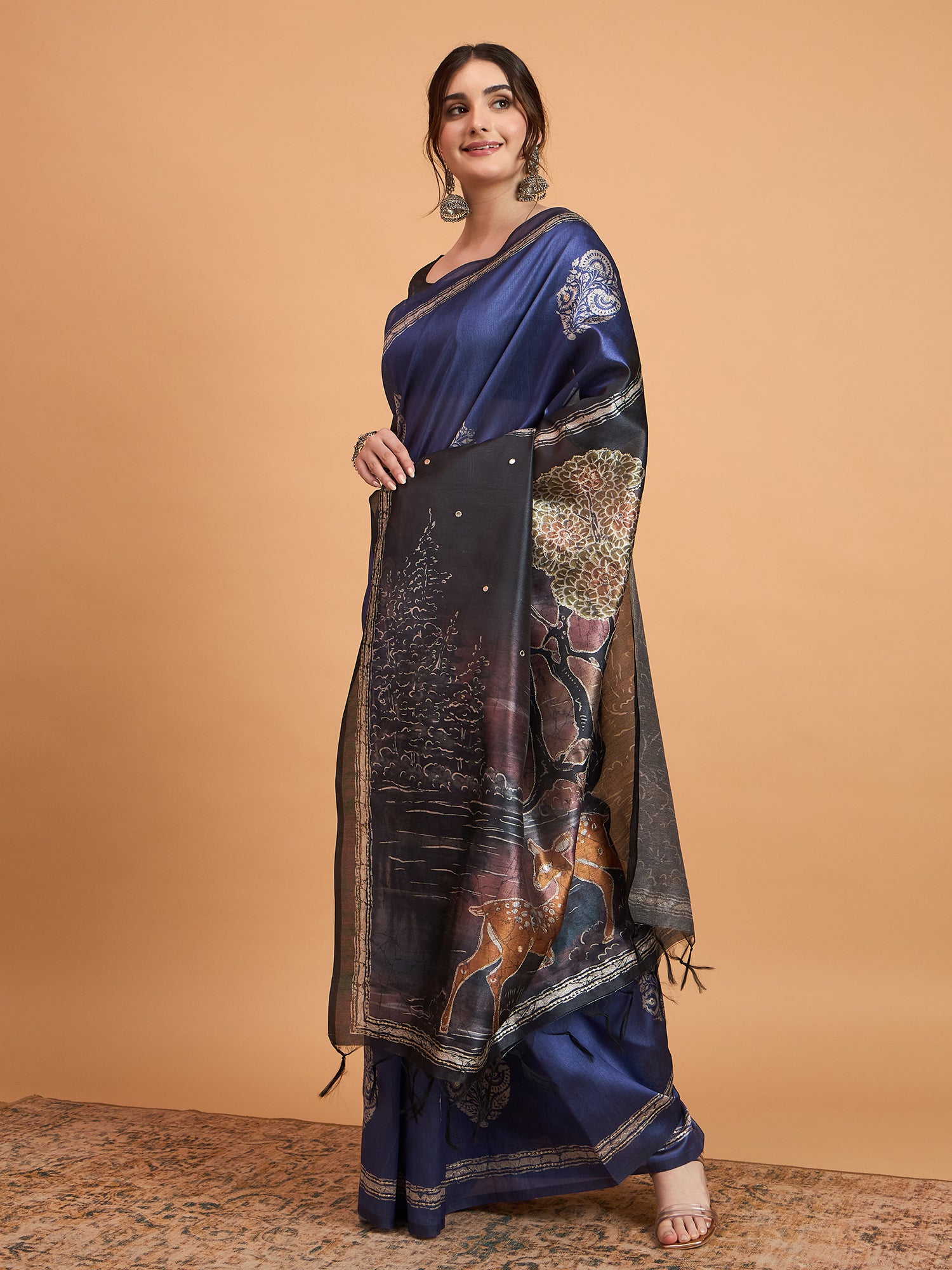 TARANG-Royal Blue Designer Saree with Silver Floral Motifs & Scenic Artistic Pallu
