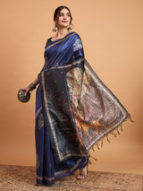 TARANG-Royal Blue Designer Saree with Silver Floral Motifs & Scenic Artistic Pallu