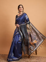 TARANG-Royal Blue Designer Saree with Silver Floral Motifs & Scenic Artistic Pallu