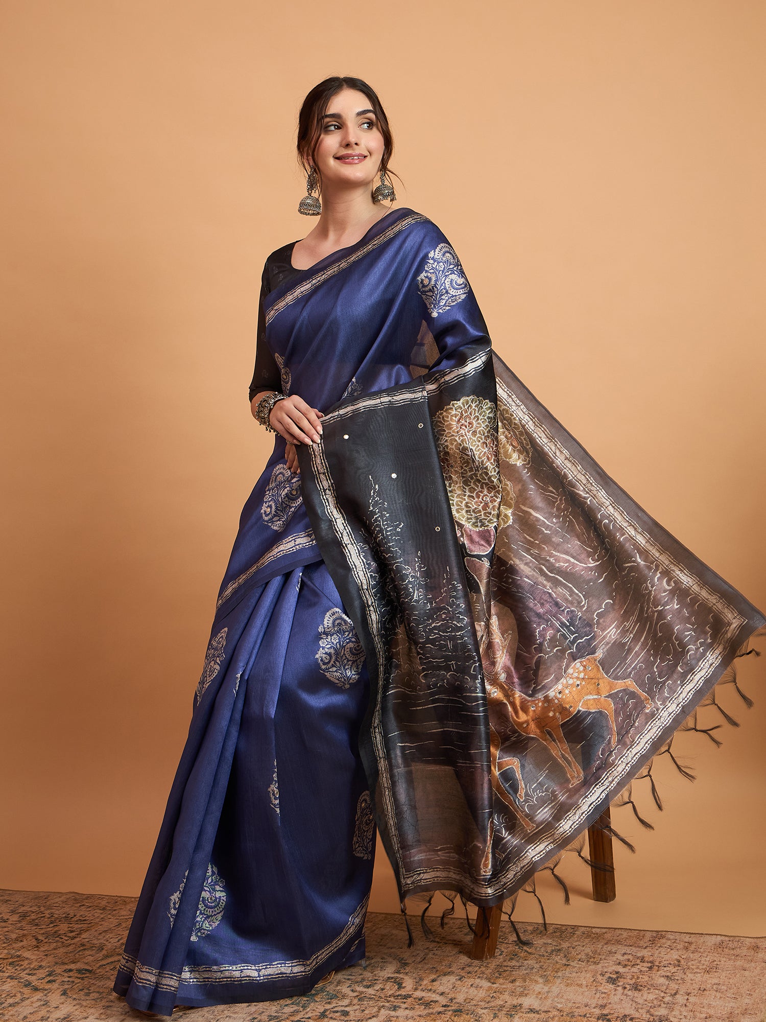 TARANG-Royal Blue Designer Saree with Silver Floral Motifs & Scenic Artistic Pallu