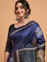 TARANG-Royal Blue Designer Saree with Silver Floral Motifs & Scenic Artistic Pallu