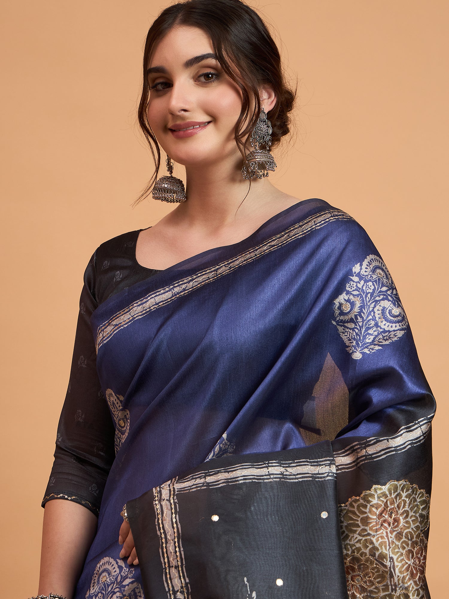 TARANG-Royal Blue Designer Saree with Silver Floral Motifs & Scenic Artistic Pallu