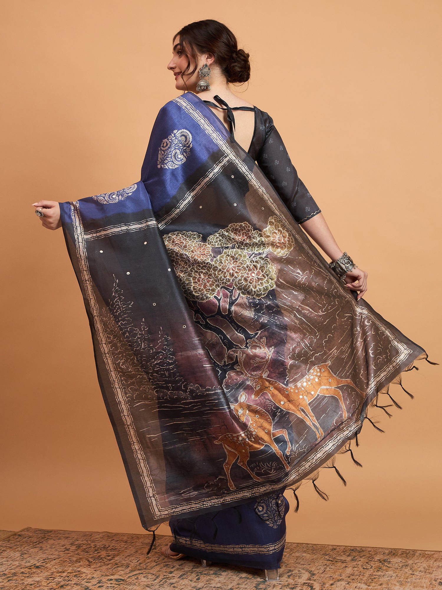 TARANG-Royal Blue Designer Saree with Silver Floral Motifs & Scenic Artistic Pallu