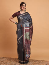 TARANG-Elegant Charcoal Grey Designer Saree with Floral Silver Motifs & Artistic Contrast Pallu