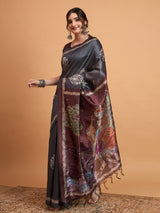 TARANG-Elegant Charcoal Grey Designer Saree with Floral Silver Motifs & Artistic Contrast Pallu