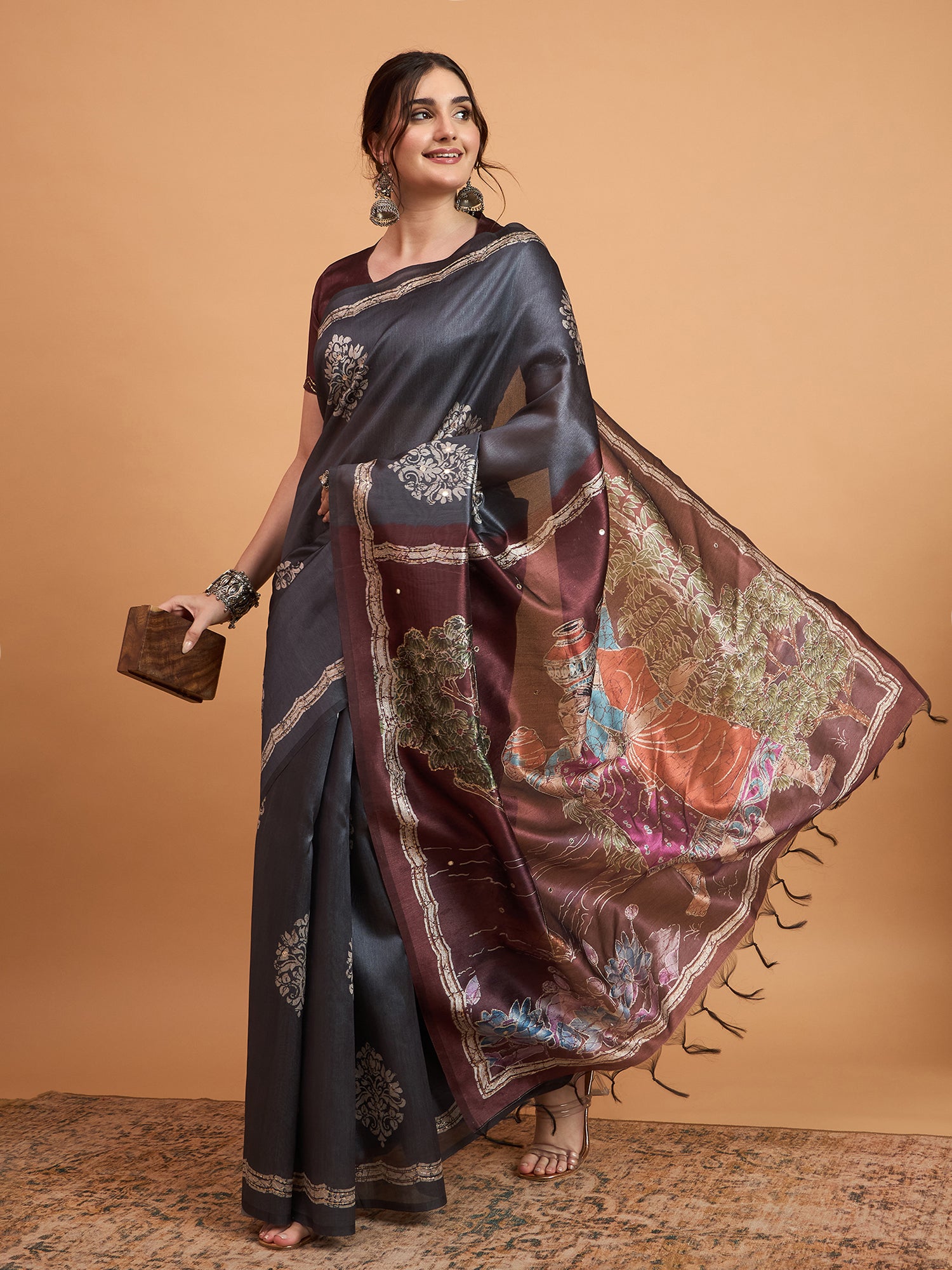 TARANG-Elegant Charcoal Grey Designer Saree with Floral Silver Motifs & Artistic Contrast Pallu