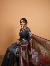 TARANG-Elegant Charcoal Grey Designer Saree with Floral Silver Motifs & Artistic Contrast Pallu