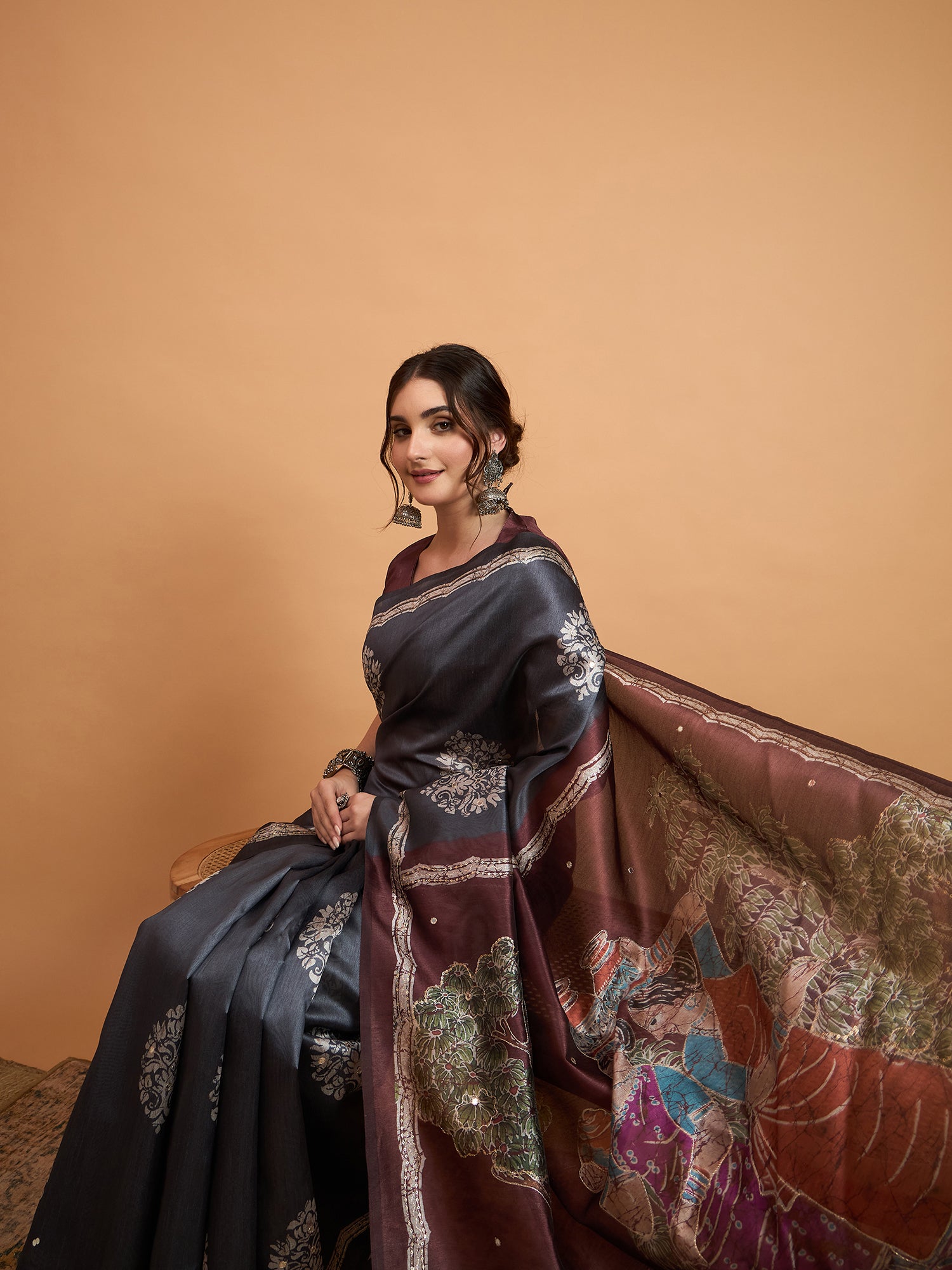 TARANG-Elegant Charcoal Grey Designer Saree with Floral Silver Motifs & Artistic Contrast Pallu