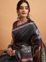 TARANG-Elegant Charcoal Grey Designer Saree with Floral Silver Motifs & Artistic Contrast Pallu