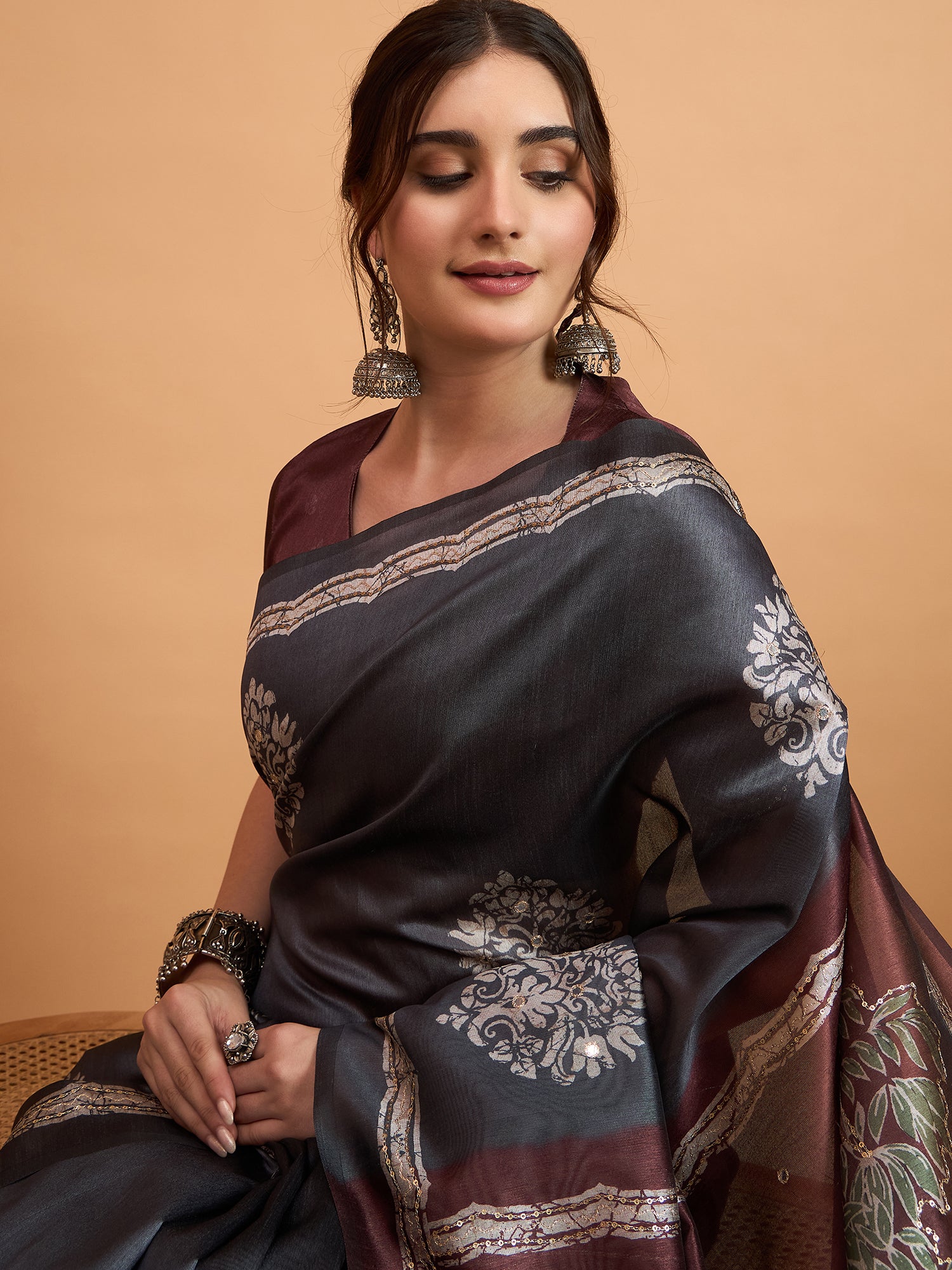 TARANG-Elegant Charcoal Grey Designer Saree with Floral Silver Motifs & Artistic Contrast Pallu