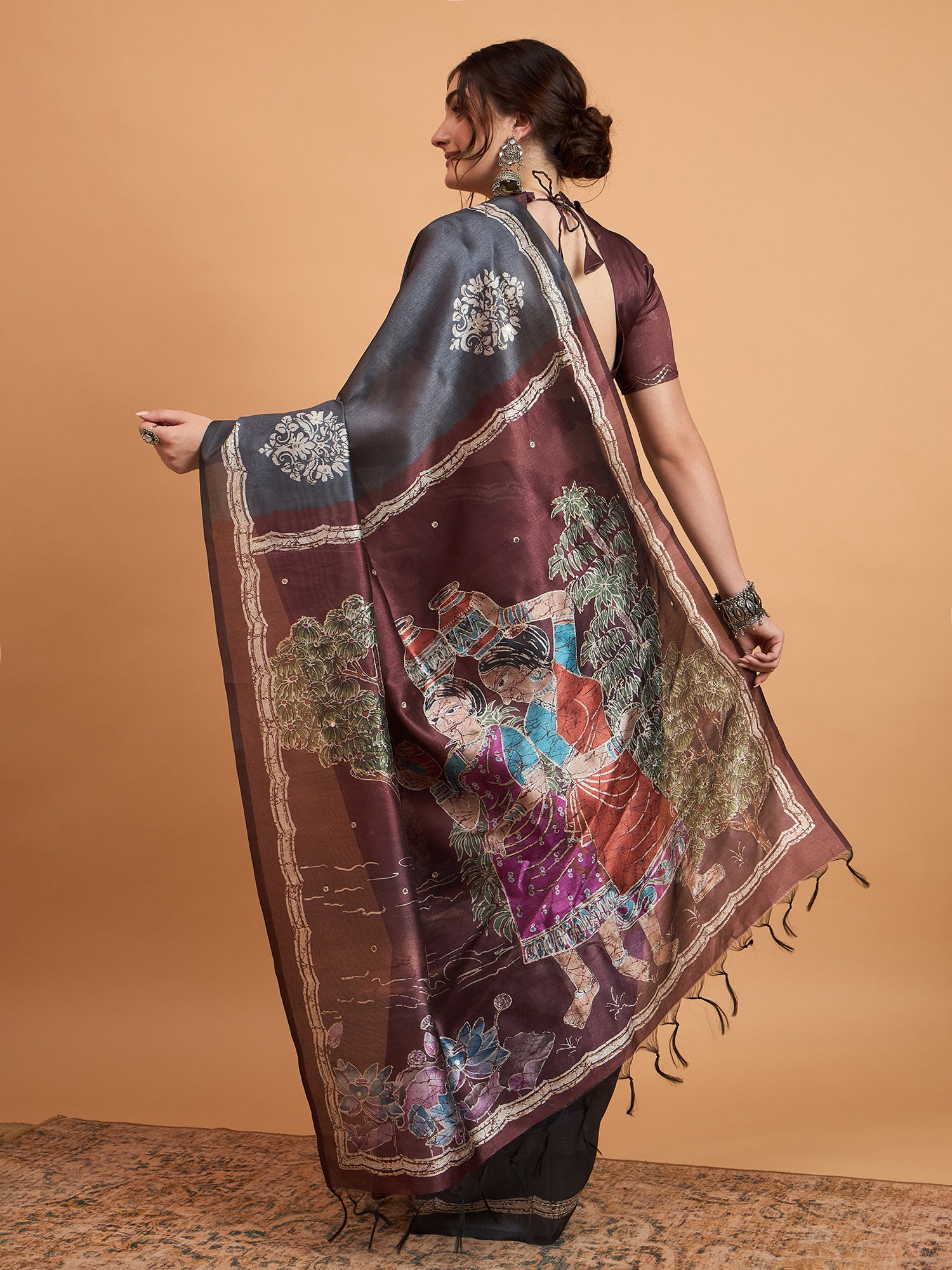 TARANG-Elegant Charcoal Grey Designer Saree with Floral Silver Motifs & Artistic Contrast Pallu