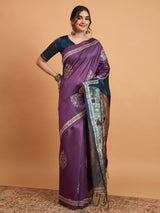 TARANG-Elegant Purple Designer Saree with Silver Buti Work & Artistic Contrast Pallu