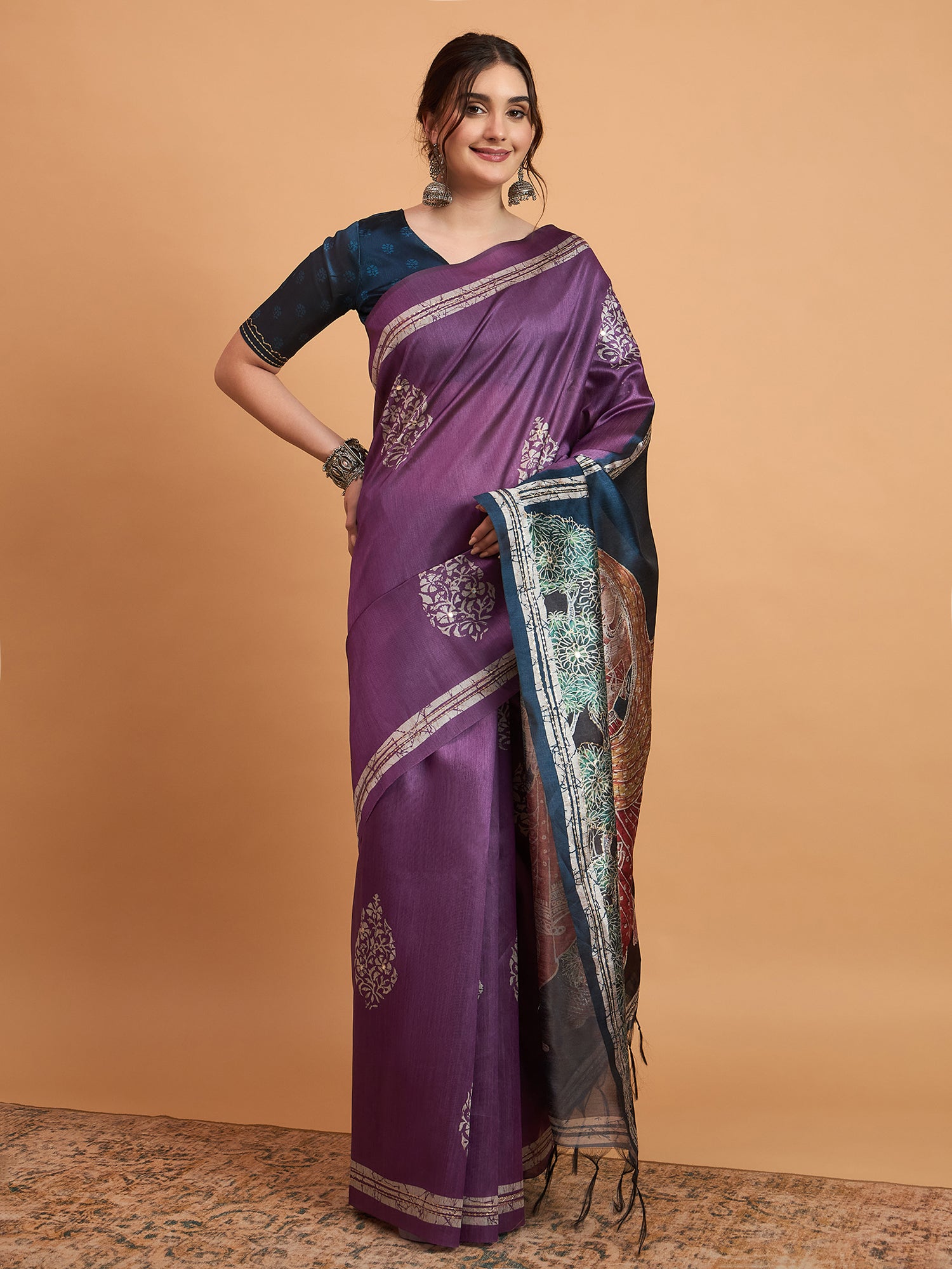 TARANG-Elegant Purple Designer Saree with Silver Buti Work & Artistic Contrast Pallu