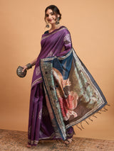 TARANG-Elegant Purple Designer Saree with Silver Buti Work & Artistic Contrast Pallu
