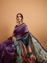 TARANG-Elegant Purple Designer Saree with Silver Buti Work & Artistic Contrast Pallu