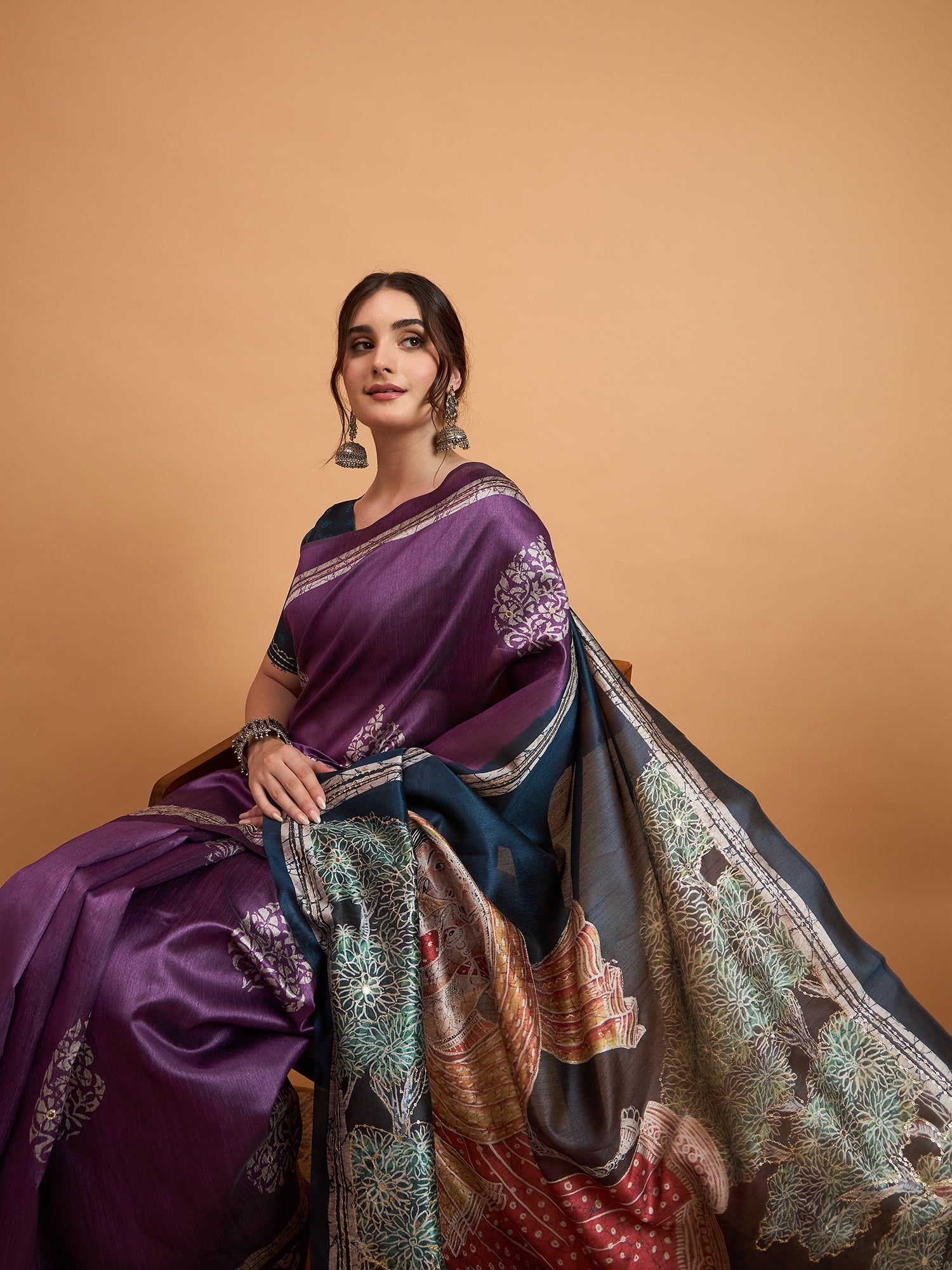 TARANG-Elegant Purple Designer Saree with Silver Buti Work & Artistic Contrast Pallu