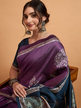 TARANG-Elegant Purple Designer Saree with Silver Buti Work & Artistic Contrast Pallu