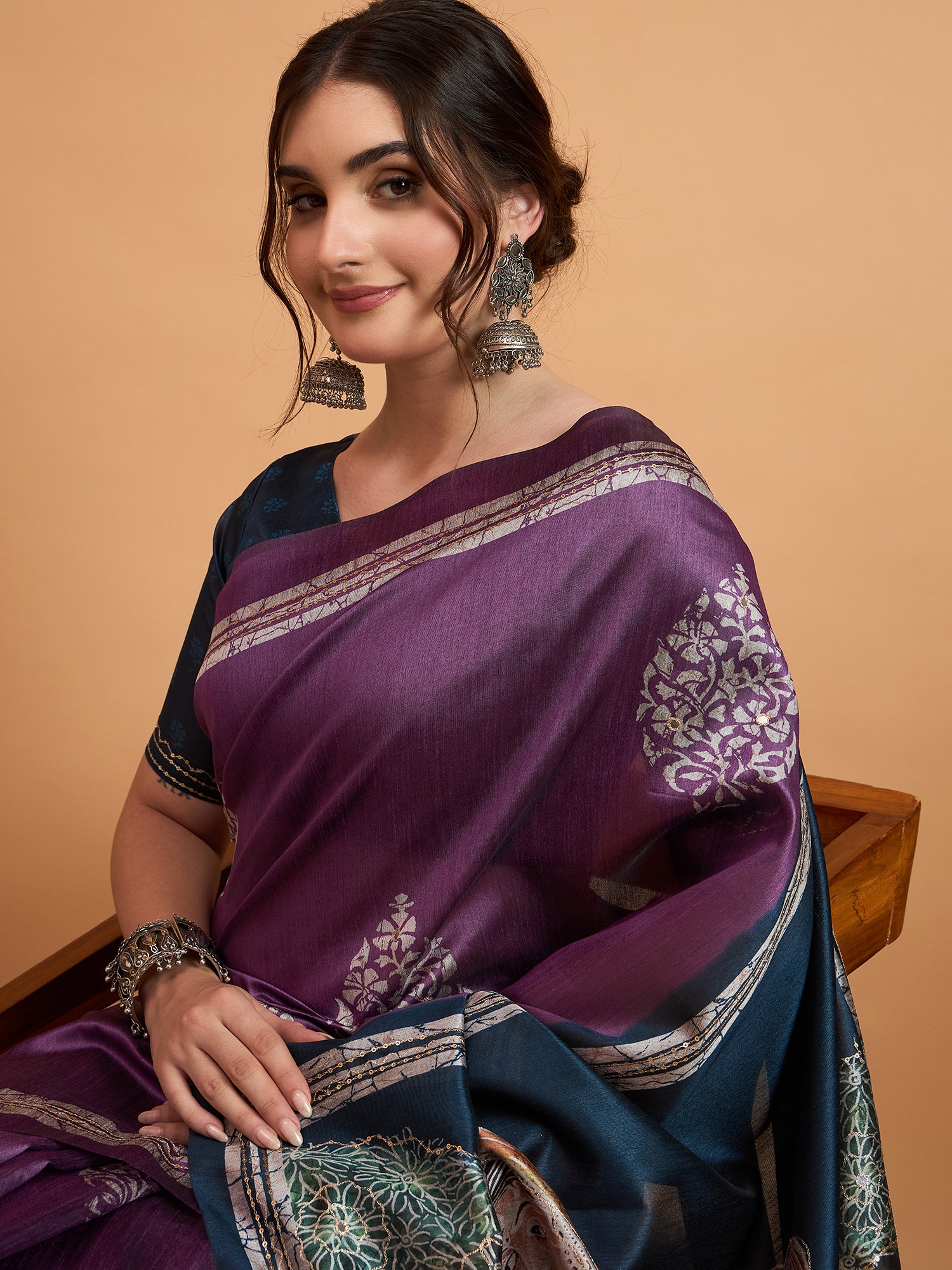 TARANG-Elegant Purple Designer Saree with Silver Buti Work & Artistic Contrast Pallu