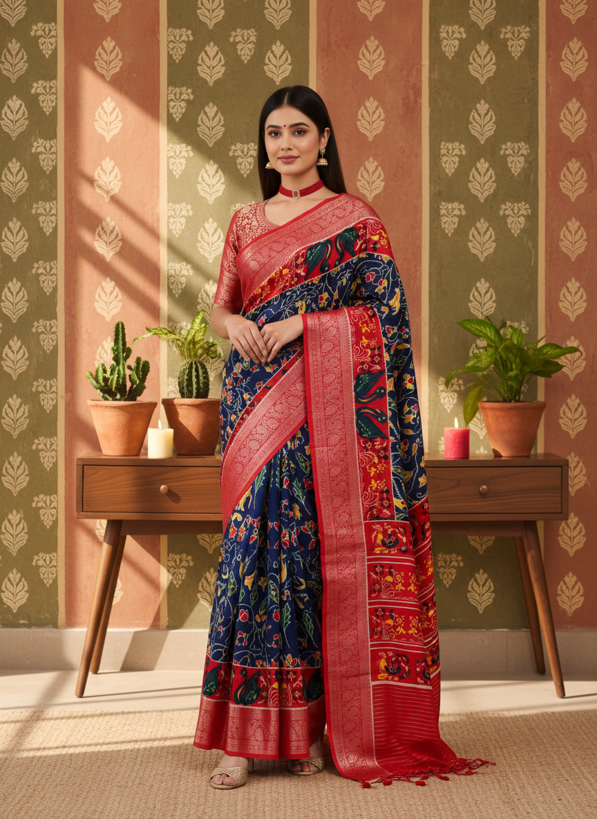 ADHIRA-Elegant Navy Blue Floral Printed Silk Saree with Rich Red Zari Border & Traditional Artistic Pallu – Designer Festive Wear Ethnic Saree for Women with Intricate Multicolor Botanical Motifs and Tassel Detailing