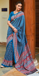 WOMANIYA Handicrafts Women's Ikat Hand Block Print Cotton silk Saree - Apple Lifestyle