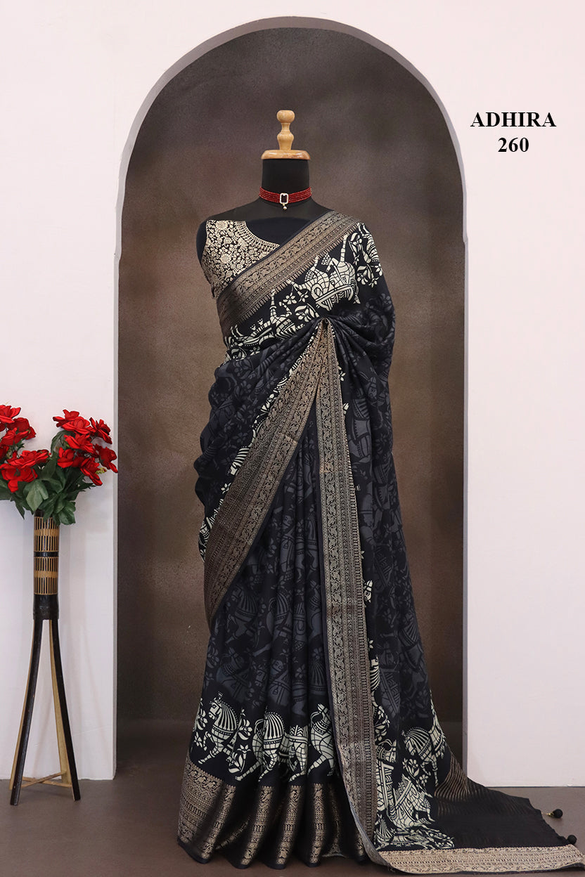 ADHIRA-Elegant Black Tribal Art Printed Saree with Antique Silver Zari Border and Traditional Heritage Pallu Design