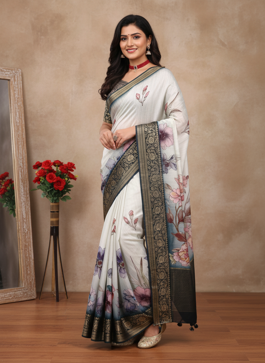 ADHIRA-Elegant White Floral Printed Saree with Navy Blue Zari Border and Soft Pastel Botanical Designer Pallu
