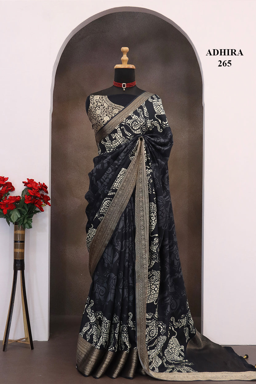 ADHIRA-Elegant Black Abstract Heritage Printed Saree with Antique Silver Zari Border and Artistic Designer Ethnic Pallu