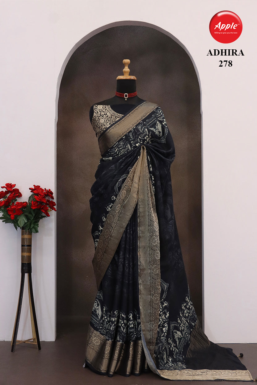 ADHIRA-Elegant Black Ethnic Designer Saree with Antique Gold Zari Border and Traditional Folk Art Inspired Print Work