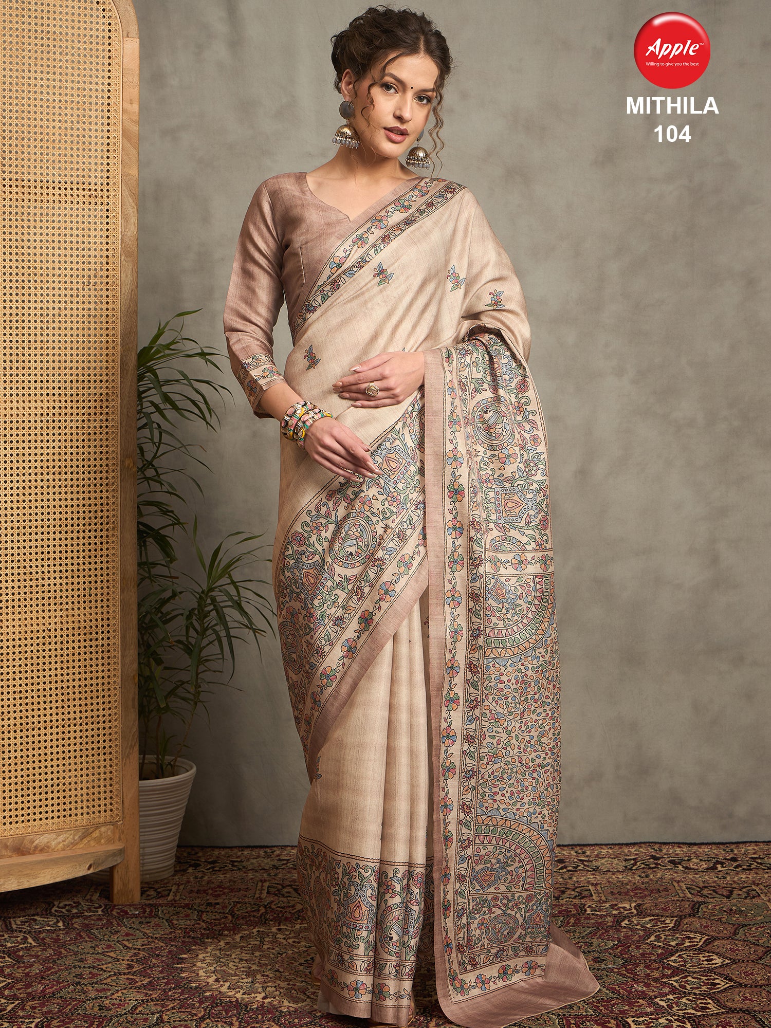 MITHILA Tussar Satin Kalamkari Print Saree – Traditional Handcrafted Saree for Bridal & Festive Celebrations