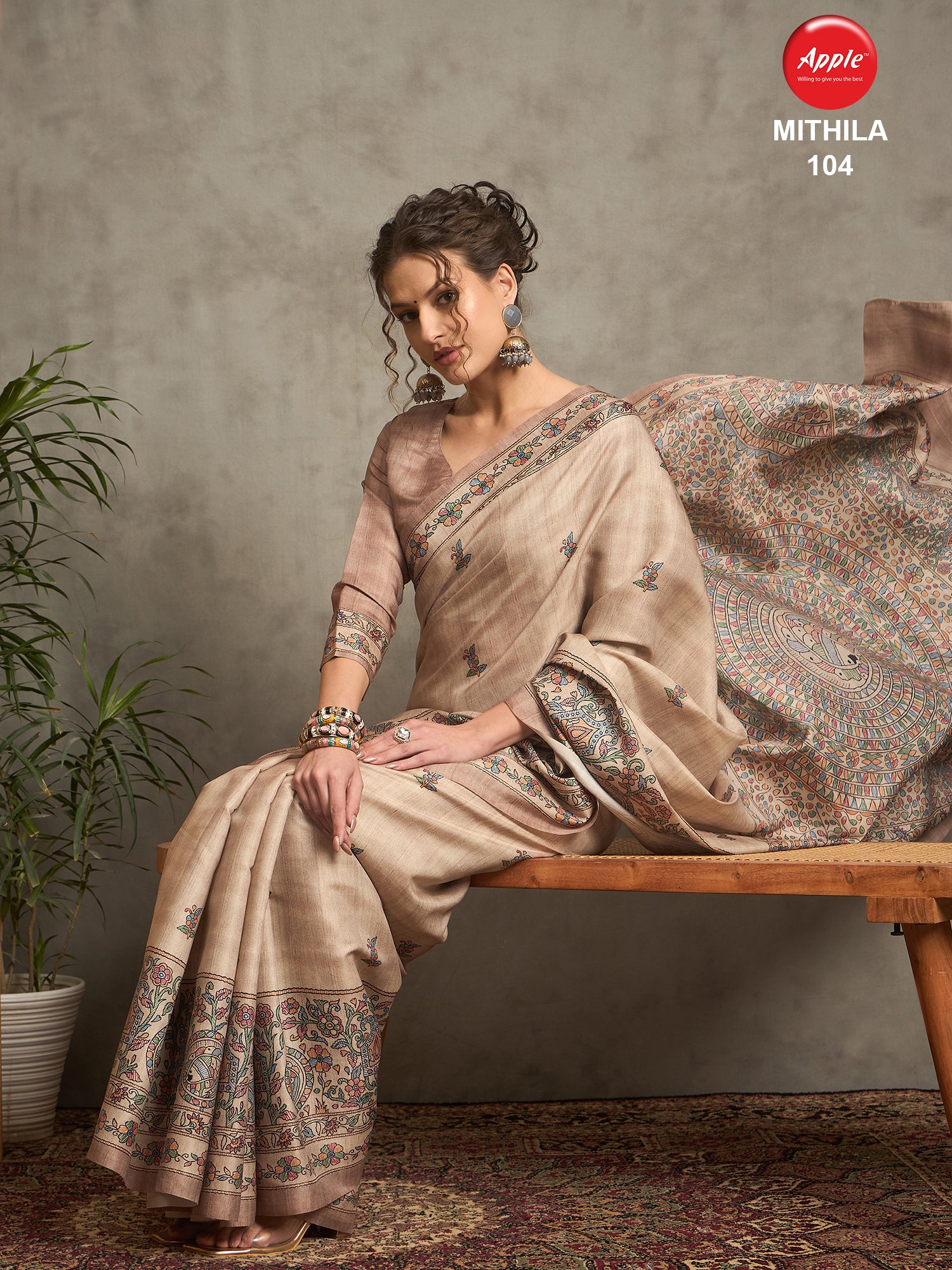 MITHILA Tussar Satin Kalamkari Print Saree – Traditional Handcrafted Saree for Bridal & Festive Celebrations