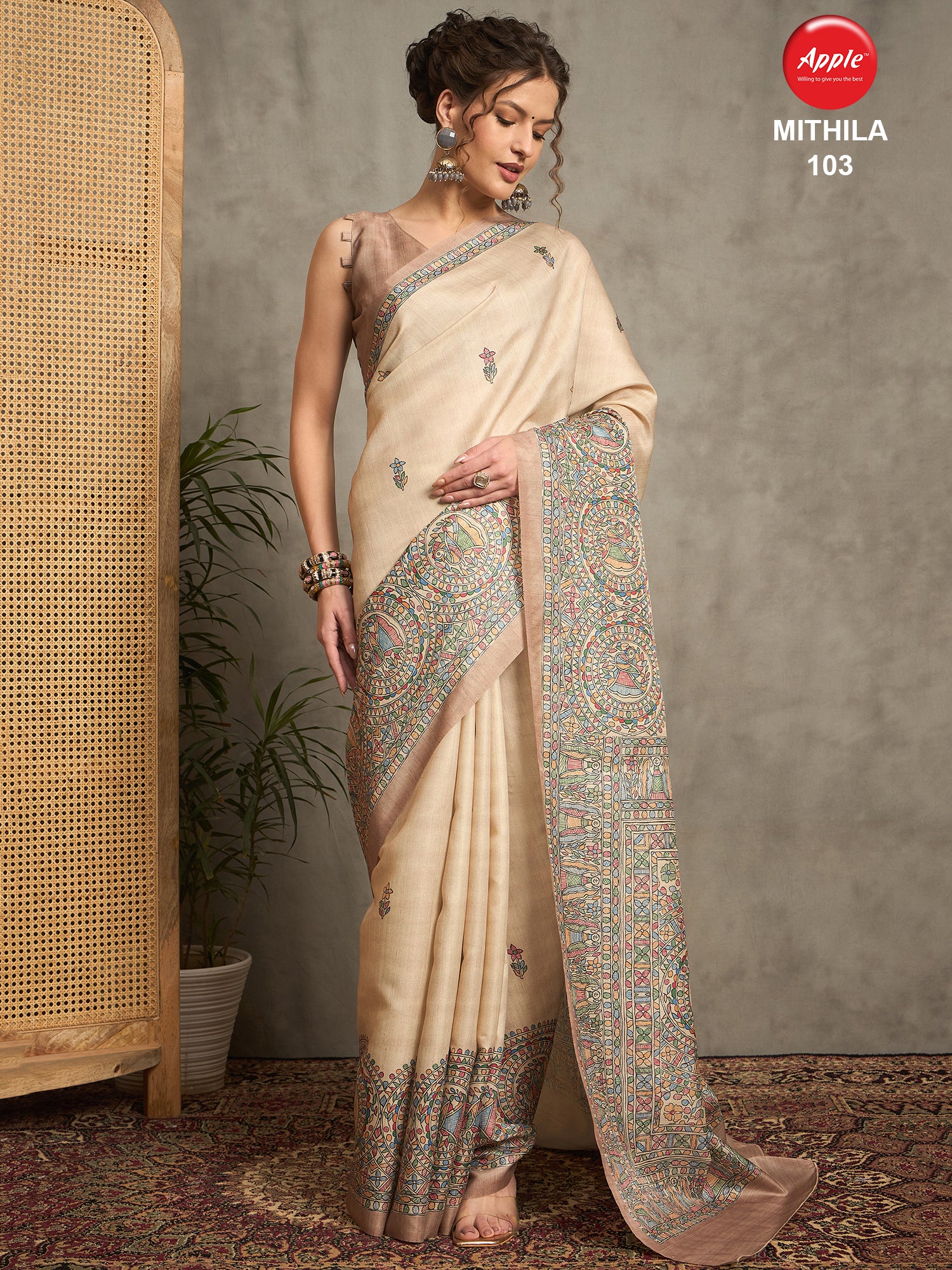 MITHILA Tussar Satin Kalamkari Print Saree – Traditional Hand-Painted Design for Festive & Wedding Wear