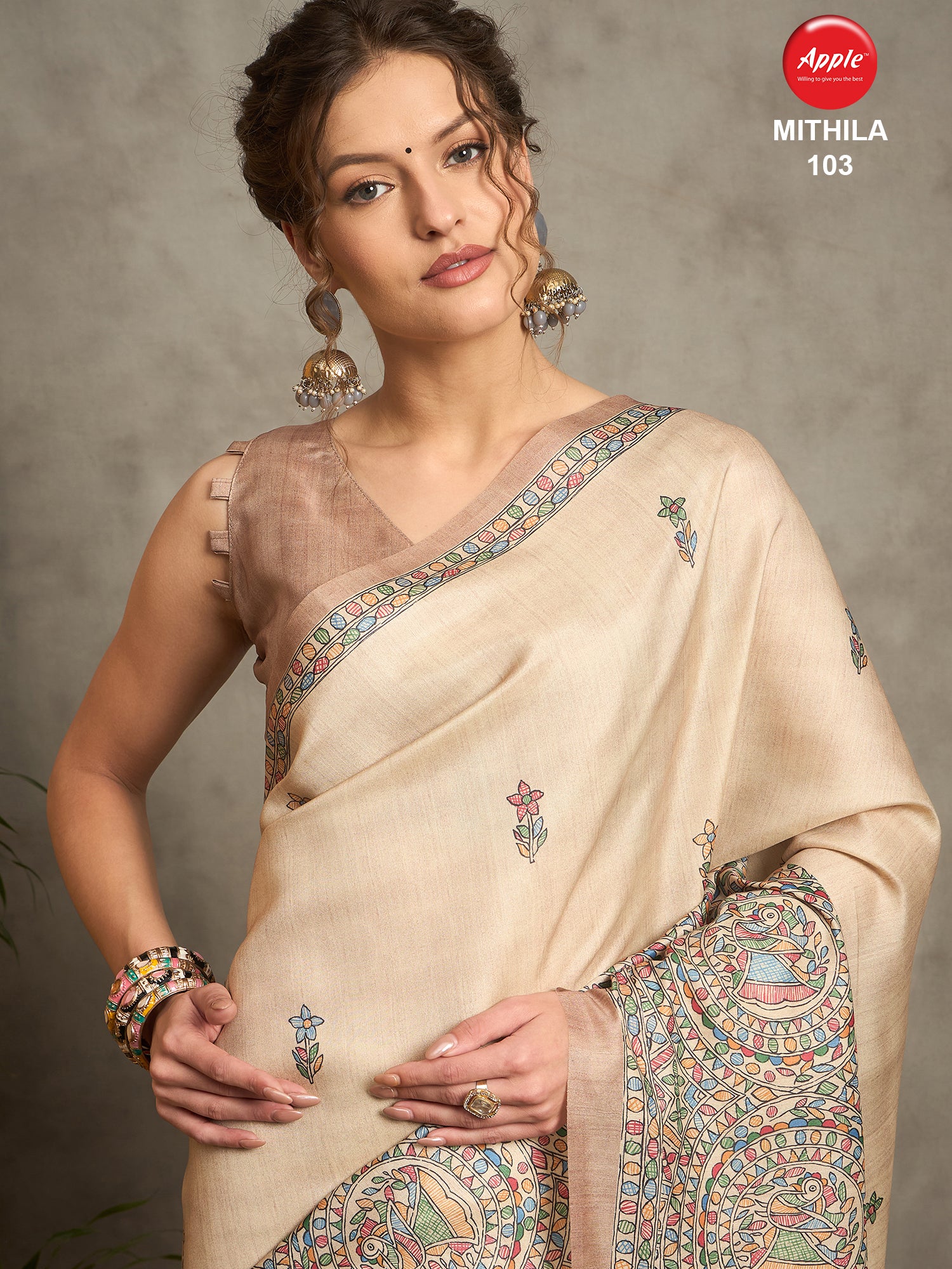 MITHILA Tussar Satin Kalamkari Print Saree – Traditional Hand-Painted Design for Festive & Wedding Wear