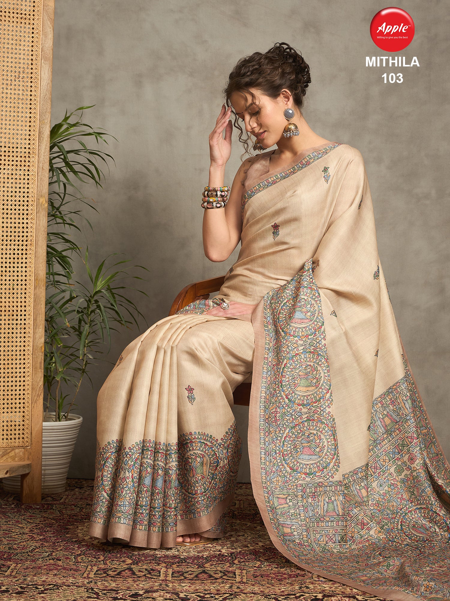 MITHILA Tussar Satin Kalamkari Print Saree – Traditional Hand-Painted Design for Festive & Wedding Wear