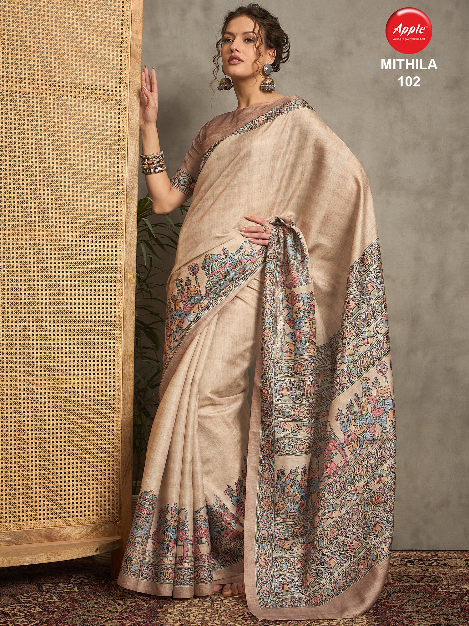 MITHILA Tussar Satin Kalamkari Print Saree – Handcrafted Traditional Saree for Weddings & Festive Occasions