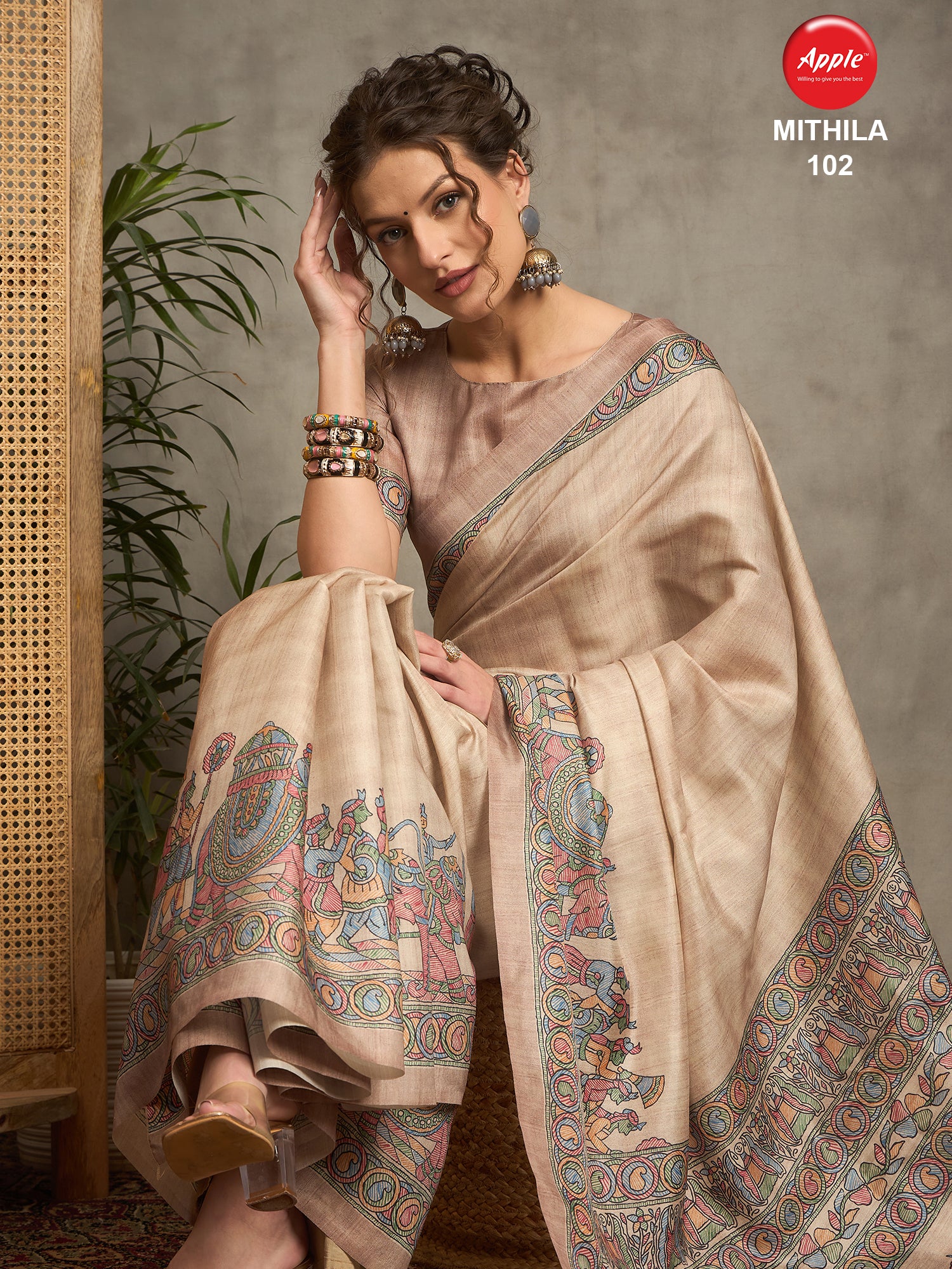 MITHILA Tussar Satin Kalamkari Print Saree – Handcrafted Traditional Saree for Weddings & Festive Occasions