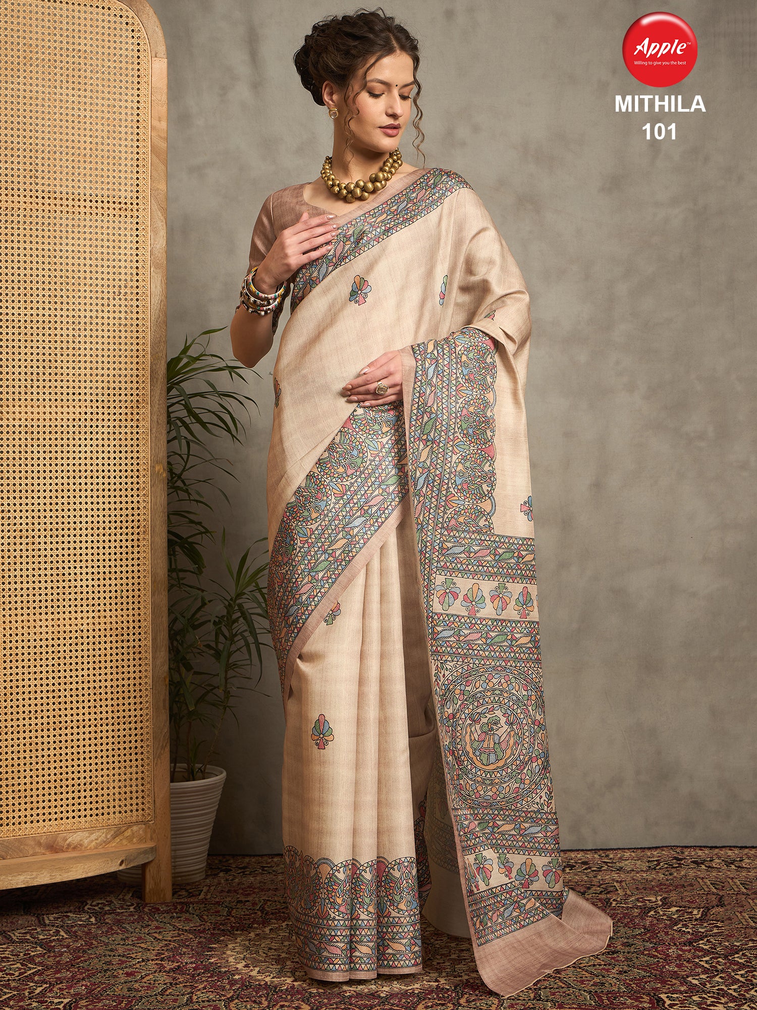 MITHILA New Launch – Elegant Tussar Satin Kalamkari Print Saree for Weddings & Parties