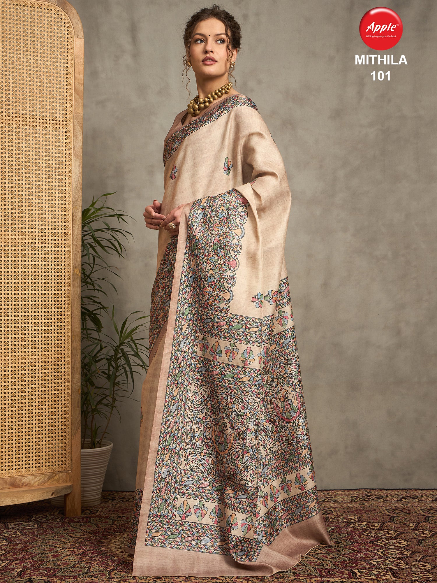 MITHILA New Launch – Elegant Tussar Satin Kalamkari Print Saree for Weddings & Parties