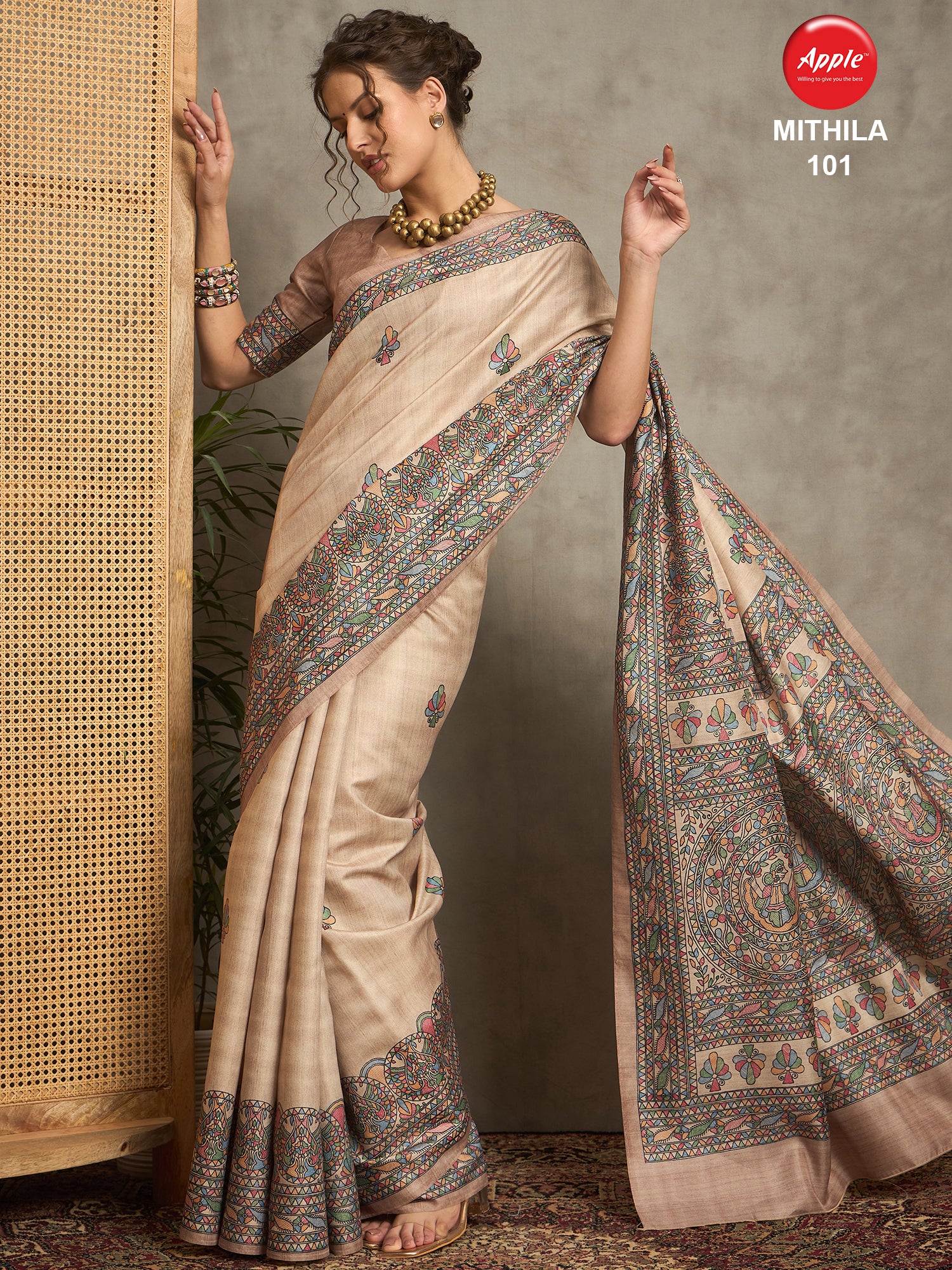 MITHILA New Launch – Elegant Tussar Satin Kalamkari Print Saree for Weddings & Parties