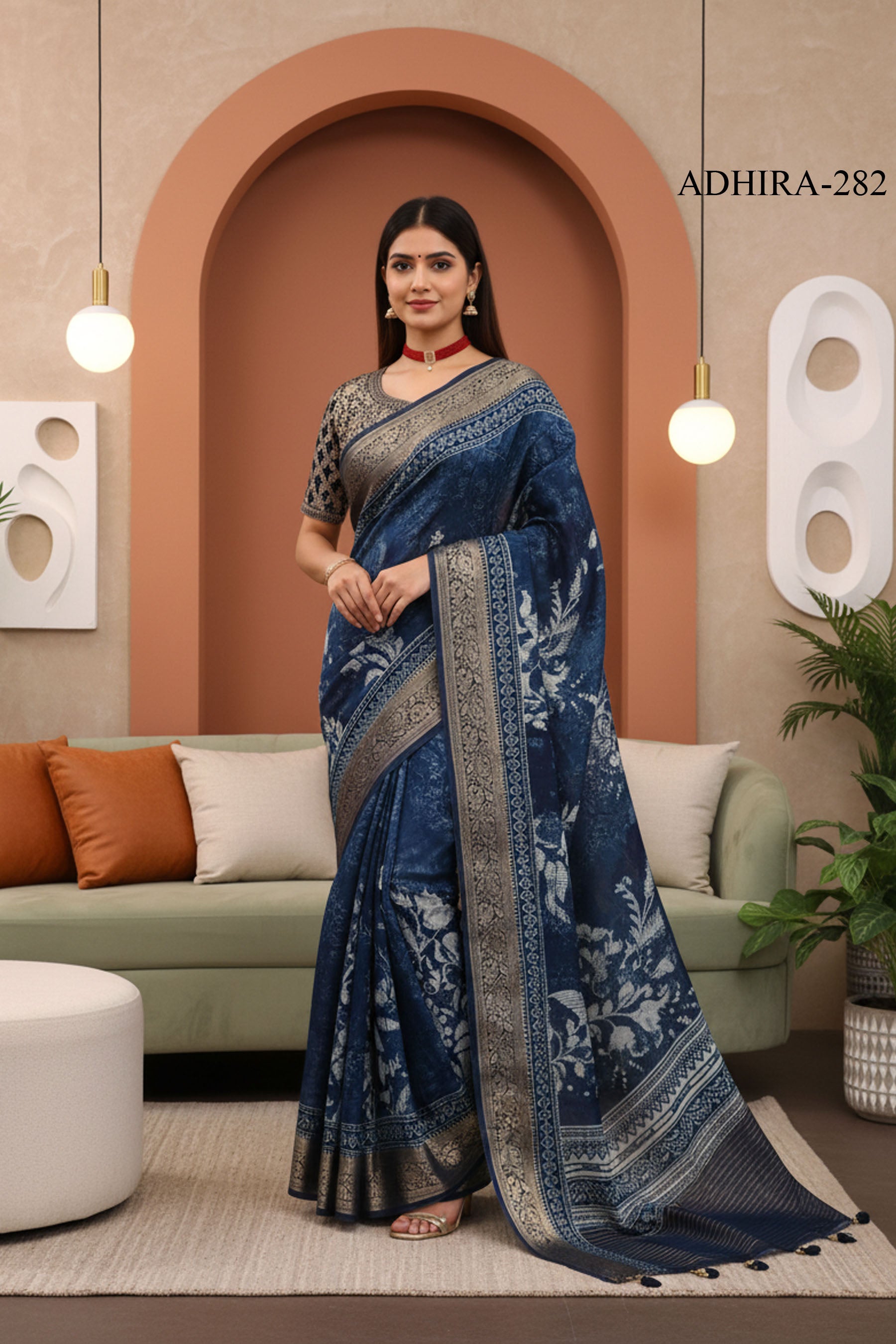 ADHIRA-Elegant Navy Blue Designer Saree with Silver Zari Border and Graceful Floral Inspired Ethnic Print Work