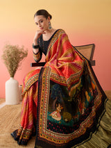 SURTAAL-Sunset Leheriya Printed Saree with Artistic Scenic Pallu & Black Border