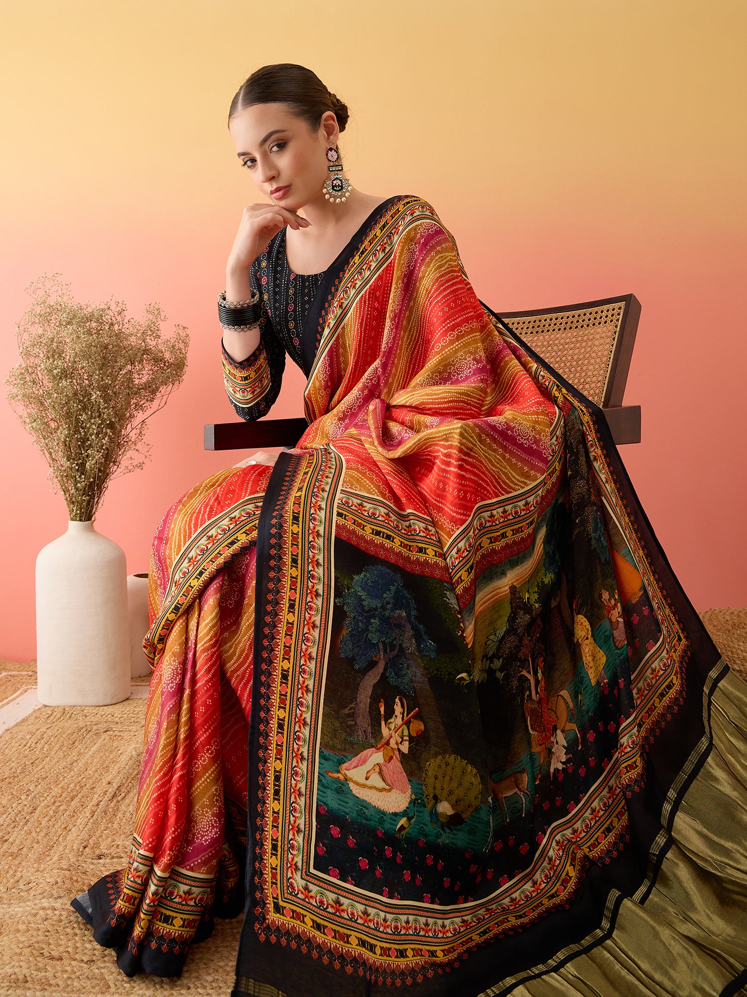 SURTAAL-Sunset Leheriya Printed Saree with Artistic Scenic Pallu & Black Border