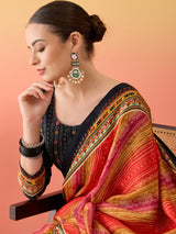 SURTAAL-Sunset Leheriya Printed Saree with Artistic Scenic Pallu & Black Border